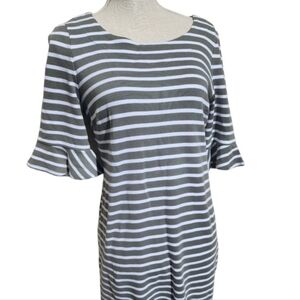Talbots Knit Dress Olive Green White Stripes Ruffle Sleeve Business Casual